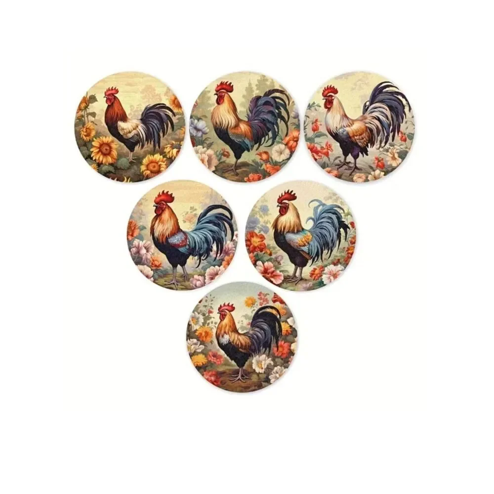 NWT Farmhouse Vintage Rooster Floral Round Wood Coasters Set of 6